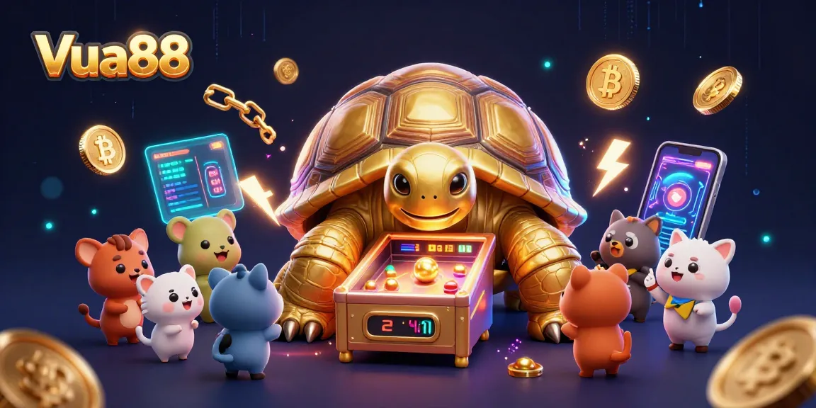 Bet on Vua88 with a vibrant 3D scene showcasing gaming excitement and cryptocurrency elements.