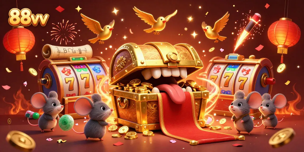 Engage with the vibrant world of 88vv featuring a golden treasure chest and slot reels.