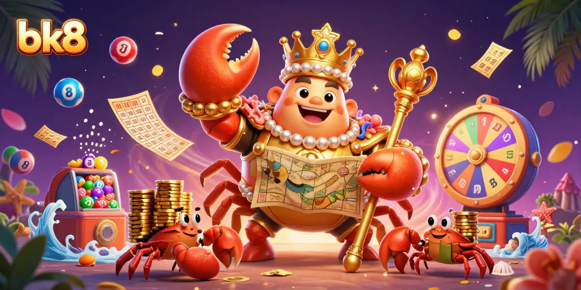 Experience the excitement of bk8 with vibrant lottery balls, a golden crab emperor, and sparkling casino elements.