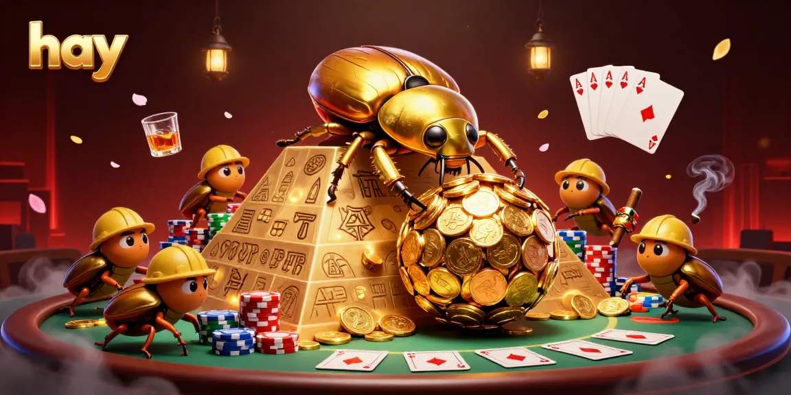 Engage with hay while enjoying a vibrant 3D scene of casino symbols and beetles in action.