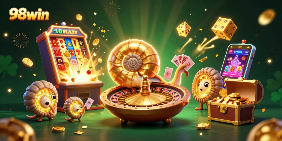 Experience 98win excitement with a joyful nautilus character amidst vibrant casino elements.