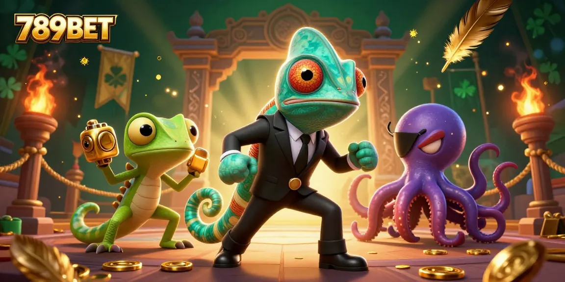 Experience thrilling action at 789BET with a vibrant 3D casino scene featuring a chameleon agent, gecko genius, and octopus villain.